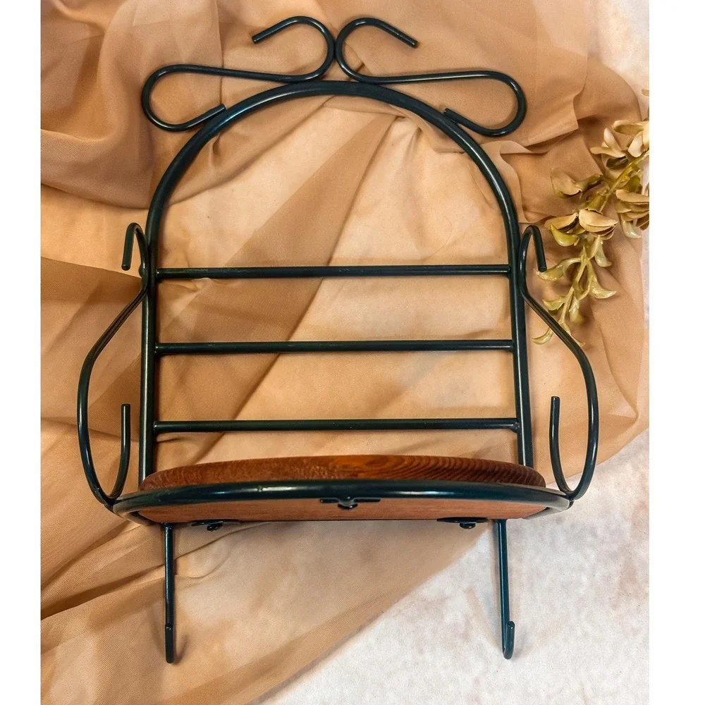 Green Metal Wall Hanging Shelf with Wooden Base